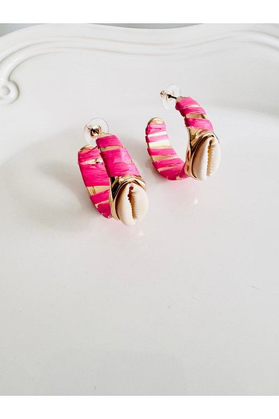 DEVİ fashion Seashell Evil Eye Pink Wicker Hoop Earrings 4 cm