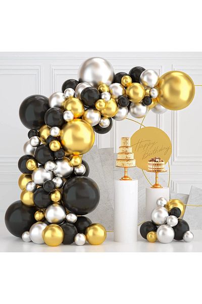 OEMN Set of 163 Latex Party Balloons, Elegant Party Decoration Black Gold White