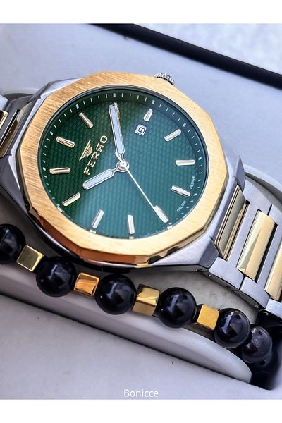 FERRO Men's Wrist Watch, Silver Bee Color Steel Band, with Calendar, in Stylish Box, Bracelet Gift