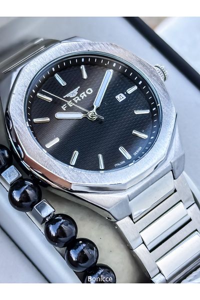 FERRO Men's Wrist Watch, Silver Aiyqh Color Steel Band, with Calendar, in Stylish Box, Bracelet Gift