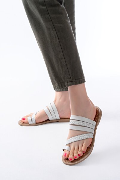 infon shoes creation 169-160 White Braided Orthopedic Sole Flip Flops Genuine Leather Women's Slippers