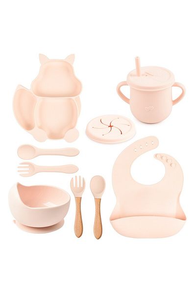 Flippy Set Diversificare 10 piese, Silicon și Lemn, Tacâmuri, Farfurie și Bol cu ​​Ventuză, Roz Pal