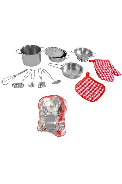 zola Set of dishes and kitchen utensils, metal, 12 elements, metal, backpack for storage