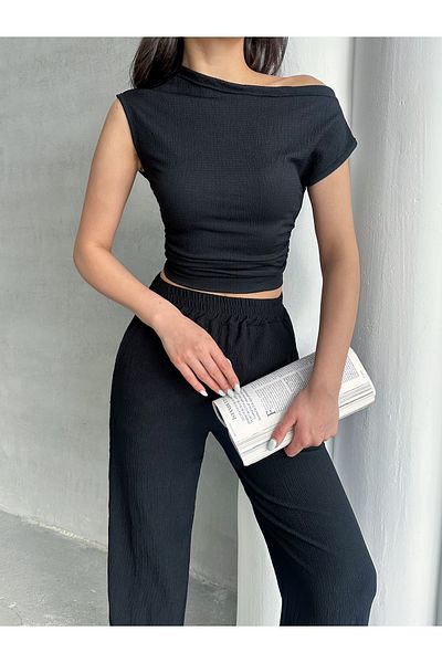 only moon Women's Clothing Wrinkle Fabric One Shoulder Top Loose Wide Leg Pants Suit, Bottom Top Suit,
