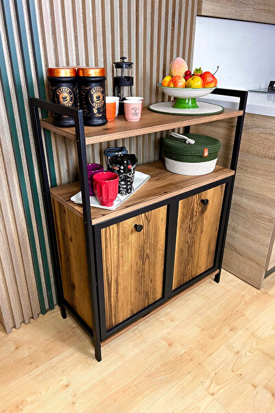 Milonsa Metal Ahşap Raflı Çok Amaçlı Dolap - Kahve Köşesi - Mutfak, Salon, Balkon için Depolama Ünitesi