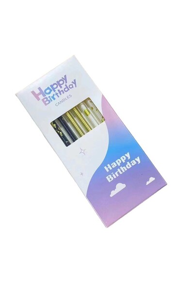 Teo Set 6 Lumanari Lungi, , din Parafina, 10 x 0.5 cm, Happy Birthday, Alb/Negru/Auriu