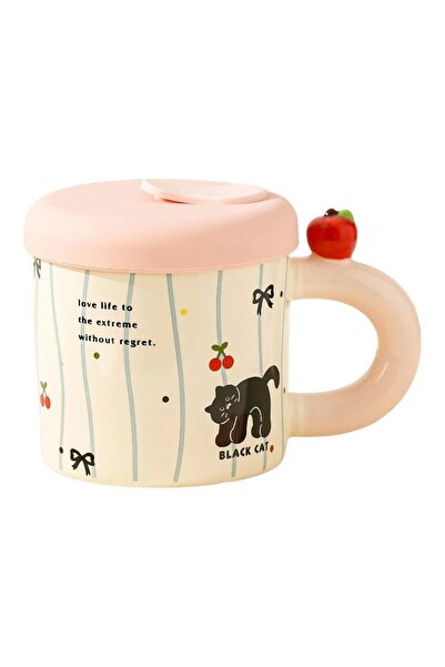 Flippy Ceramic Mug with Pink Silicone Lid & Straw, Cute A, 380 ml (9x8.5 cm)