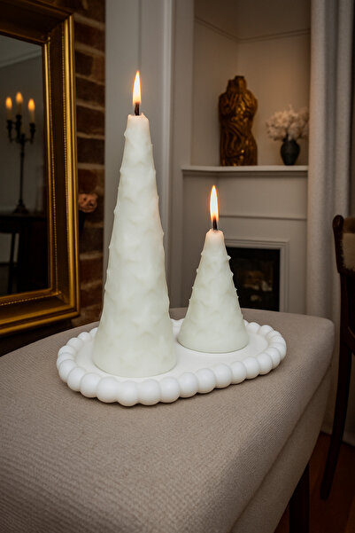 aymumi home 2'li Yıldız Desenli Beyaz Konik Mum Seti – Dekoratif Sunumlu