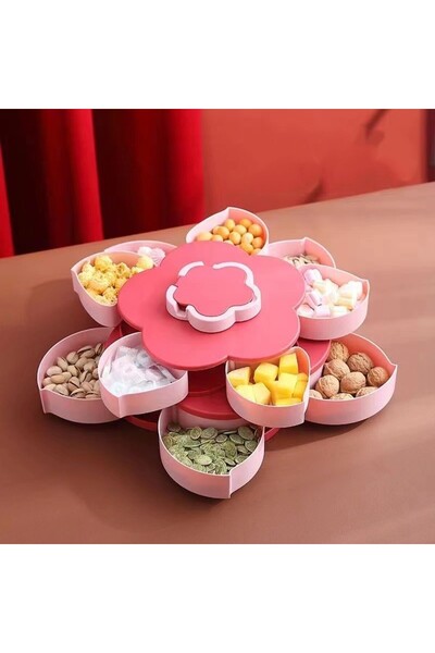 Flippy Tavă de servire, formă de floare cu 2 niveluri, sertare rotative, 26 x 26 x 11,5 cm, roz