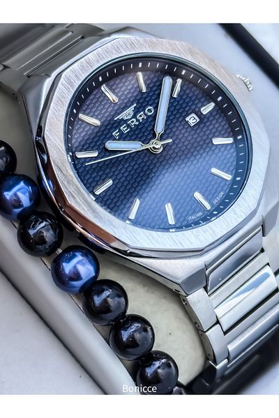 FERRO Erkek Kol Saat, Silver Navy Blue Color Steel Band, with Calendar, in Stylish Box, Bracelet Gift