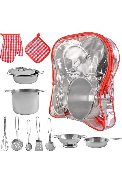 zola Set of dishes and kitchen utensils, metal, 12 elements, metal, backpack for storage