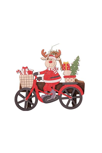 Teo Wooden Christmas Decoration, with String for Hanging on the Tree, Reindeer on a Bicycle Pattern, 10.3x11.5