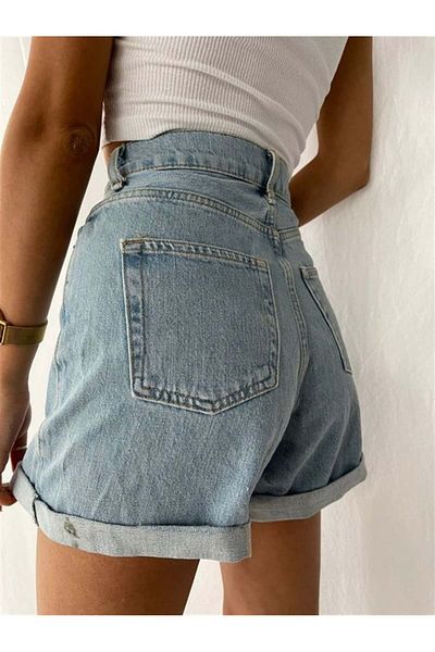 TugsatTasarTekstil Pantaloni scurți din denim albastru deschis pentru femei, cu picior dublu, denim Lycra Recuperator Premium