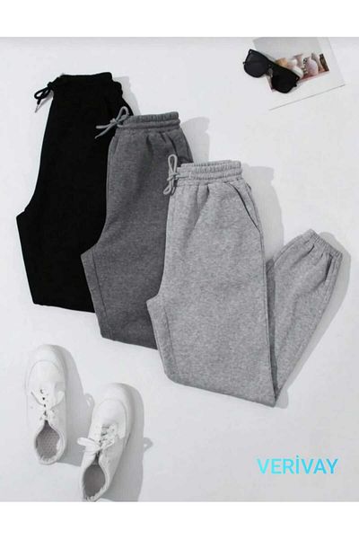 Verivay ( 3 ΤΕΜ ) Σετ Jogger Sweatpants μαύρο-Γκρι-ανθρακί Λαστιχένιο πόδι ψηλόμεσο