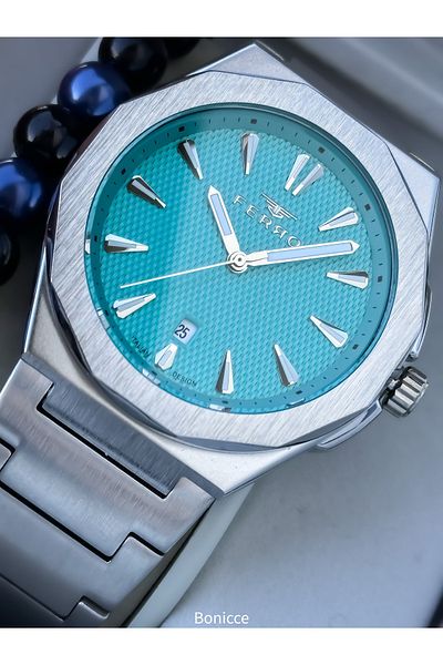 FERRO Erkek Kol Saat, Silver Turquoise Color Steel Cord, with Calendar, in Stylish Box, Bracelet Gift
