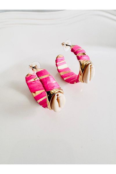 DEVİ fashion Seashell Evil Eye Pink Wicker Hoop Earrings 4 cm