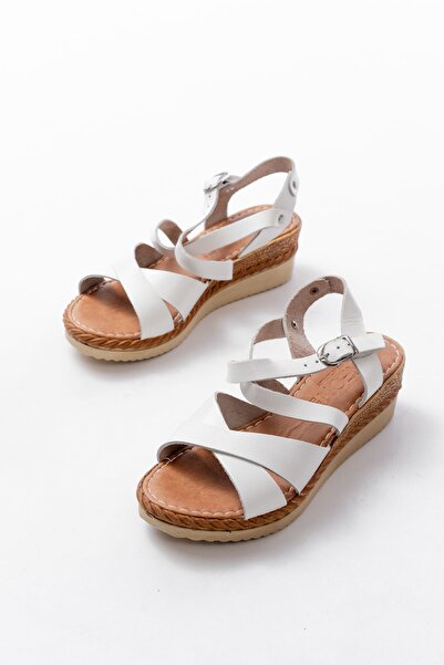 infon shoes creation 731-045 White Cross Genuine Leather Wedge Heeled Daily Women's Sandals