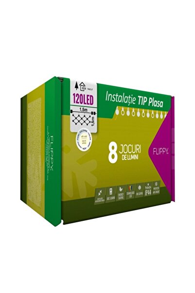 Flippy Plasă luminoasă de Crăciun 1,5x1,5 m, 120 LED-uri, alb cald, 8 moduri, transformator cu telecomandă