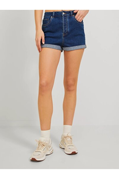 TugsatTasarTekstil Kadın Koyu Mavi Kot Şort Duble Paça Denim Likralı Toparlayıcı Premium