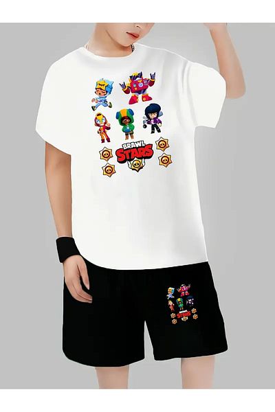 AEMİ Children's Brawl Stars Printed Shorts T-Shirt Bottom Top Set 100% Cotton