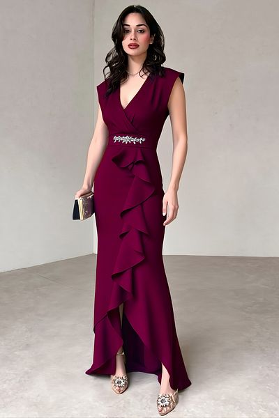 ALFUDO Moda Collection Women's Scuba Crepe Fabric Double Breasted Collar Skirt Flounced Evening Dress Graduation Wedding Dress