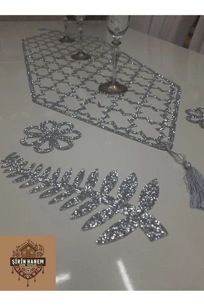 Şirin Hanem Şirin Hanem Table Runner 100X33Cm /Silvery/Shimmering (4 Pieces Brown Presentation with Gift)