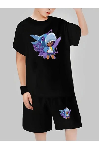 AEMİ Children's Brawl Stars Shark Printed Shorts T-Shirt Bottom Top Set 100% Cotton