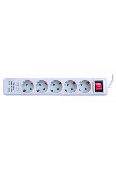 TED Extension cord 5m 5 Schuko sockets +2 USB outputs 2.1A +switch 3x1mm 10A 2300W TED