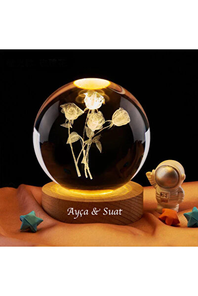 keyfim shop Kişiye Özel Işıklı Ahşap Gül Buketi Kristal Cam Küre 6cm