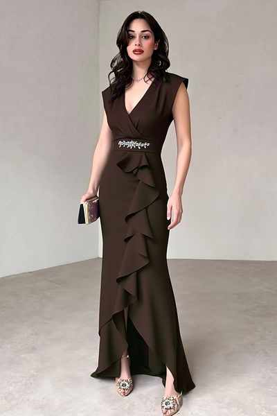 ALFUDO Moda Collection Women's Scuba Crepe Fabric Double Breasted Collar Skirt Flounced Evening Dress Graduation Wedding Dress