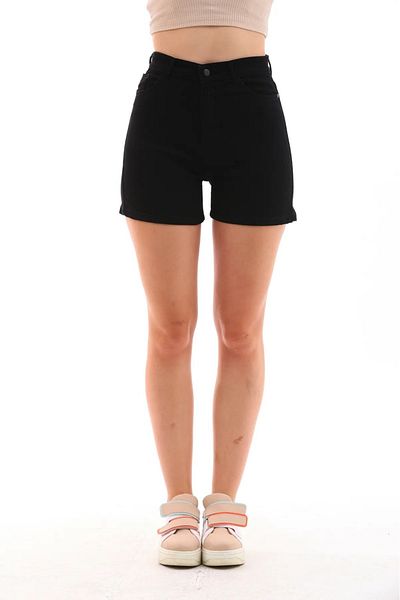 TugsatTasarTekstil Women's Black Denim Shorts Double Leg Denim Lycra Tightener Premium