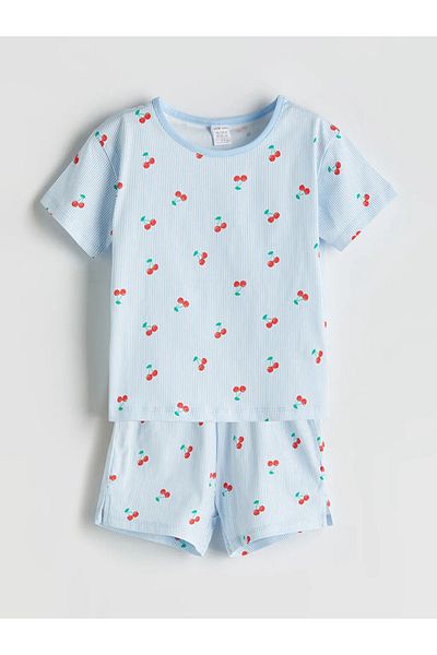 LC Waikiki Lcw Baby Blue Cherry Printed Baby Girl T-Shirt and Shorts 2-Pack