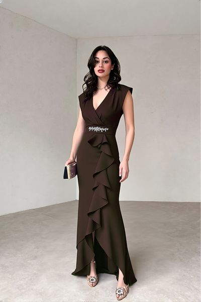 ALFUDO Moda Collection Women's Scuba Crepe Fabric Double Breasted Collar Skirt Flounced Evening Dress Graduation Wedding Dress