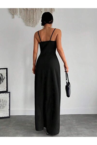 JANES Kadın Askılı Kruvaze Yakalı Yırtmaçlı Krep Elbise