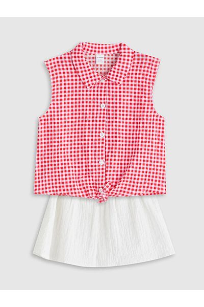LC Waikiki Lcw Kids Pink Plaid Girl's Shirt and Skirt 2 Pcs