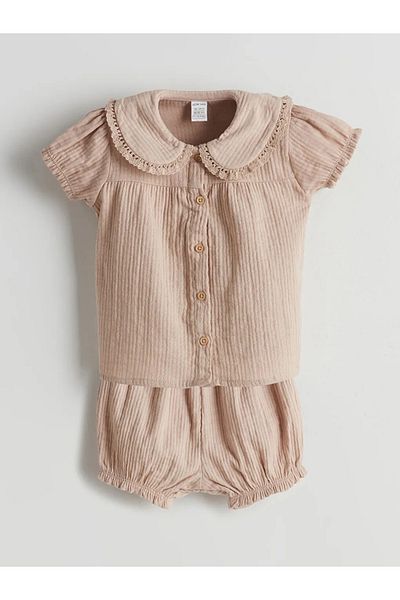 LC Waikiki Lcw Baby Beige Muslin Baby Girl Shirt and Shorts 2-Pack