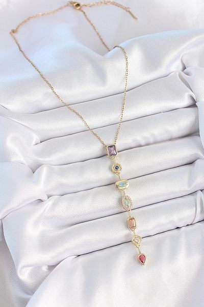 Clariss 316L Steel Gold Color Chain Zircon Stone Y Model Low-Cut Women's Necklace