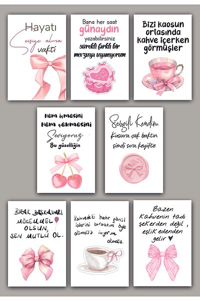 Pankart Evi 8 Pieces Coffee Side Coquette Card Set - Ribbon Motto Panel Décor