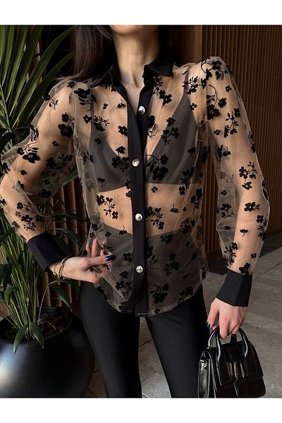 Kashaya Women's Floral Gauze Shirt Offers a Stylish and Bold Style with Its Transparent Structure