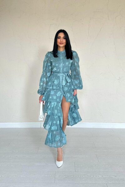 moda wanilia Mint Valonlu Şeritli Kat Kat Elbise