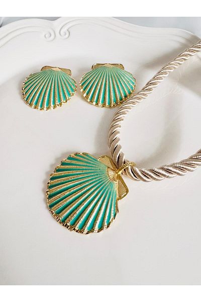 DEVİ fashion Wicker Rope Big Oyster Necklace Earring Set