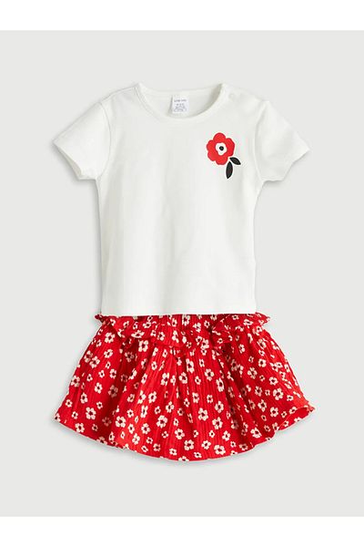 LC Waikiki Lcw Baby Ecru Floral Baby Girl T-Shirt and Shorts Skirt 2-Pack