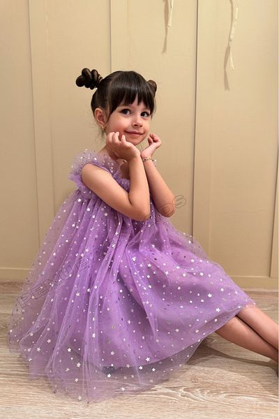 penu baby kids Lilac Strap Star Printed Tulle Sleeveless Girl's Baby Girl Dress