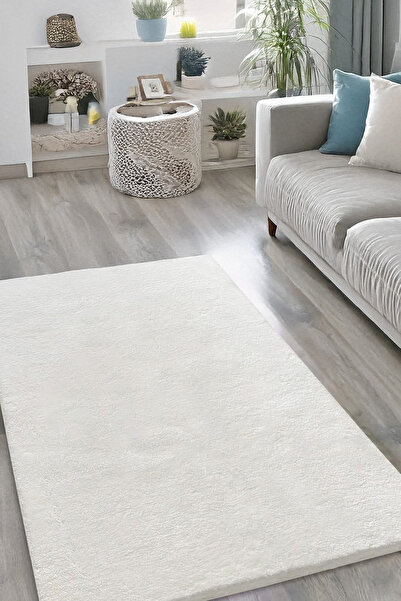 Badelya Home Beyaz Post Peluş Halı Yolluk Yumuşak Tüylü Puffy Kaymaz Özel Taban Dekoratif Yıkanabilir Modern