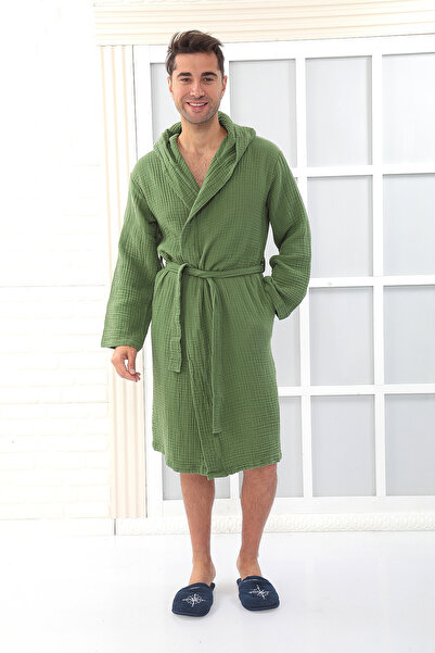 Almir Home روب حمام موسلين بغطاء للرأس مكون من 4 طبقات للجنسين - أخضر زمردي