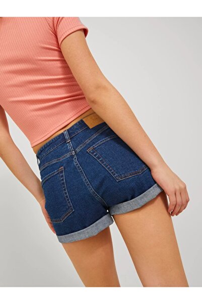 TugsatTasarTekstil Kadın Koyu Mavi Kot Şort Duble Paça Denim Likralı Toparlayıcı Premium