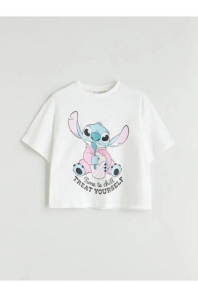 LC Waikiki Lcw Kids Ecru Crew Neck Stitch Printed Girl's T-Shirt