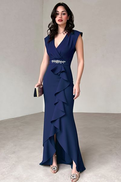 ALFUDO Moda Collection Women's Scuba Crepe Fabric Double Breasted Collar Skirt Flounced Evening Dress Graduation Wedding Dress