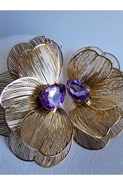 BHR AKSESUAR Mor Zirkon Taşlı Büyük Küpe