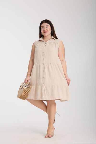 Dejabrew Jeans Beige Muslin Sleeveless Shirt Dress Plus Size A072-1